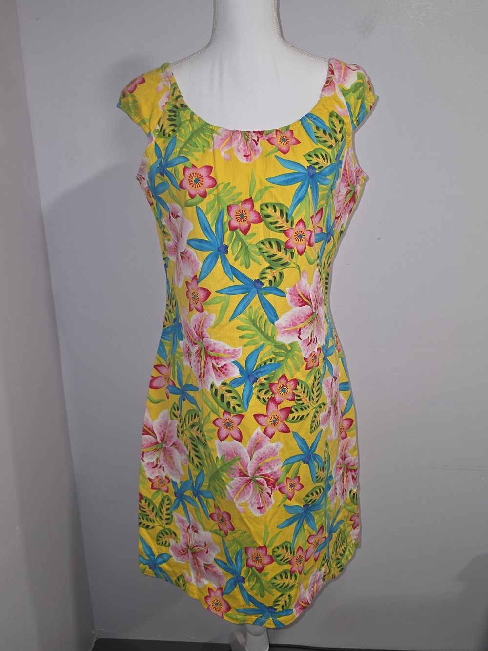 Tommy Hilfiger Yellow Floral Stretch Cap Sleeve Dress SZ 14 Tropical Print Mini